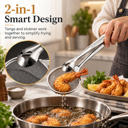 Clip con filtro 2 in 1 per frittura in olio, pinze da cucina con colino per cibi fritti 🍳