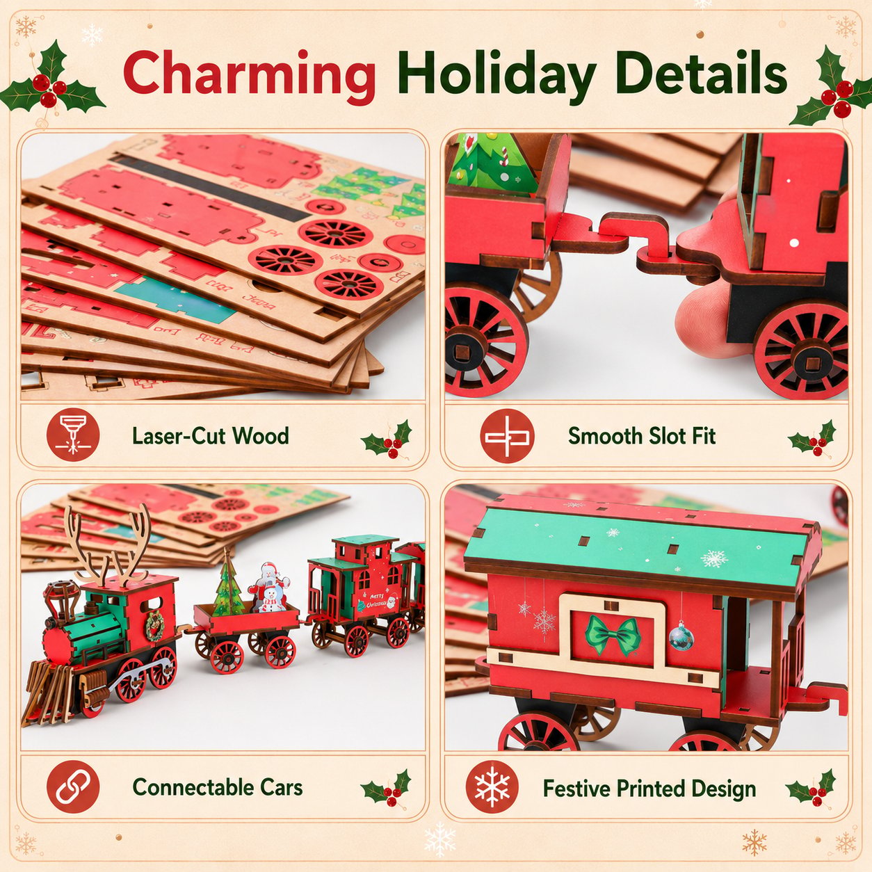 🎄ULTIMO GIORNO: SCONTO DEL 50% – Set di trenino natalizio fai da te in legno – Puzzle da assemblare in 3D