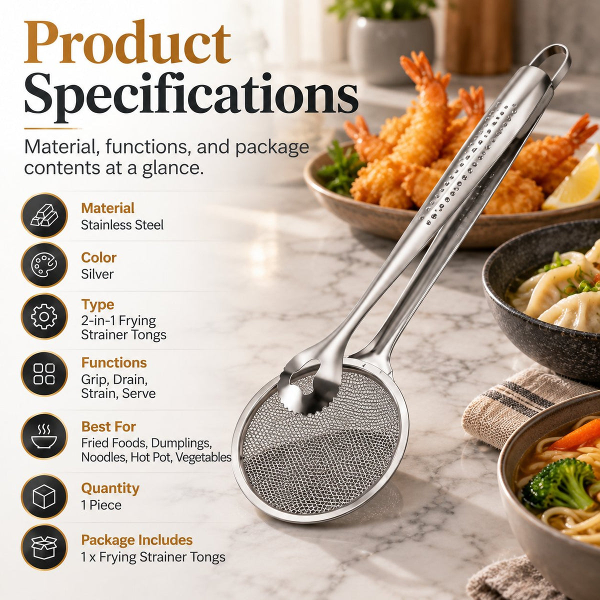 Clip con filtro 2 in 1 per frittura in olio, pinze da cucina con colino per cibi fritti 🍳