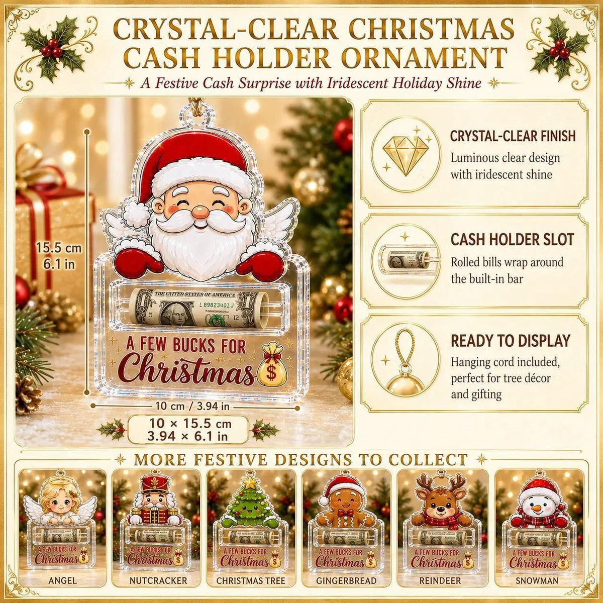 🎄Decorazione natalizia trasparente per contenere contanti | Acrilico trasparente di alta qualità con dettagli festivi, fessura nascosta per i contanti e cordino per appenderla incluso 💵✨