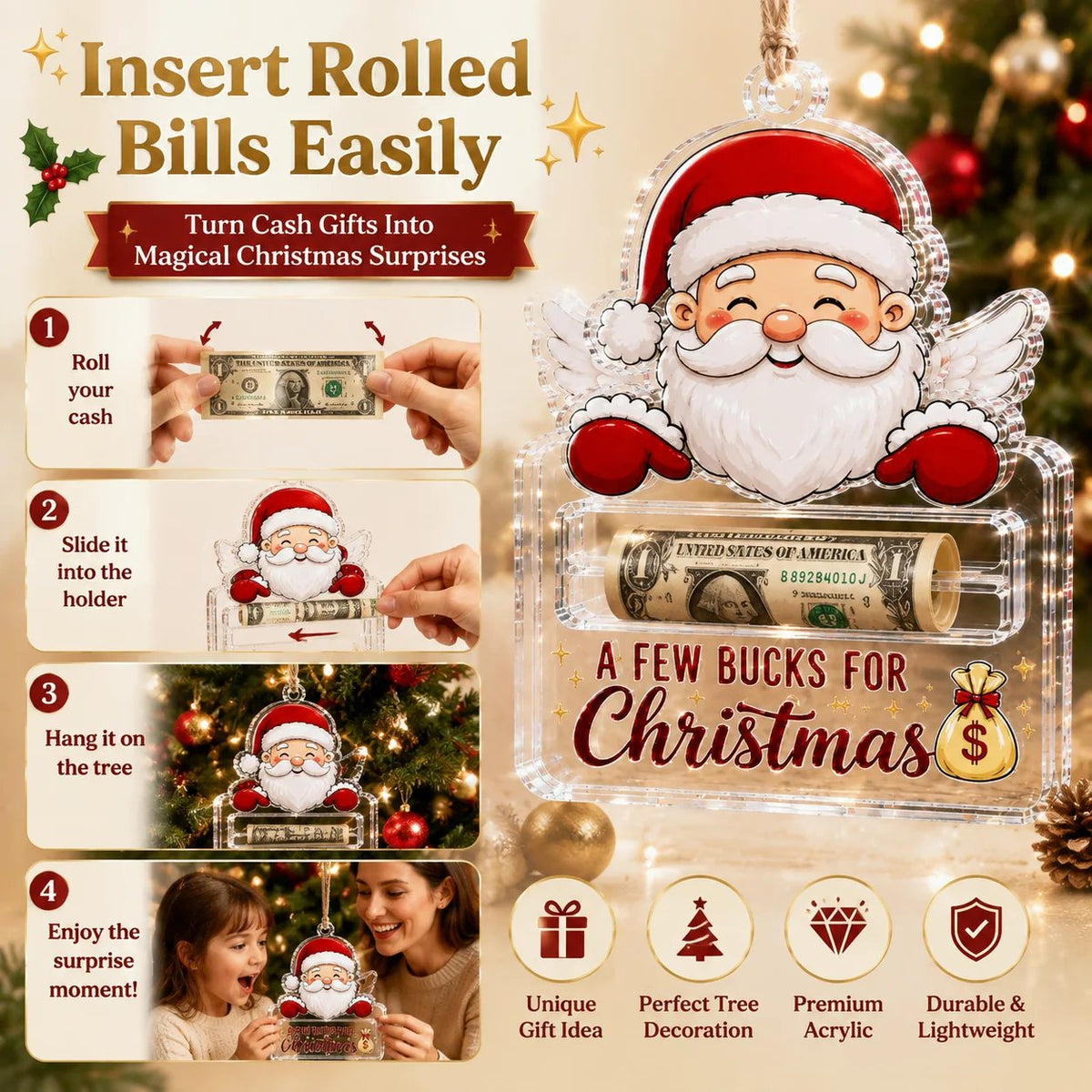 🎄Decorazione natalizia trasparente per contenere contanti | Acrilico trasparente di alta qualità con dettagli festivi, fessura nascosta per i contanti e cordino per appenderla incluso 💵✨