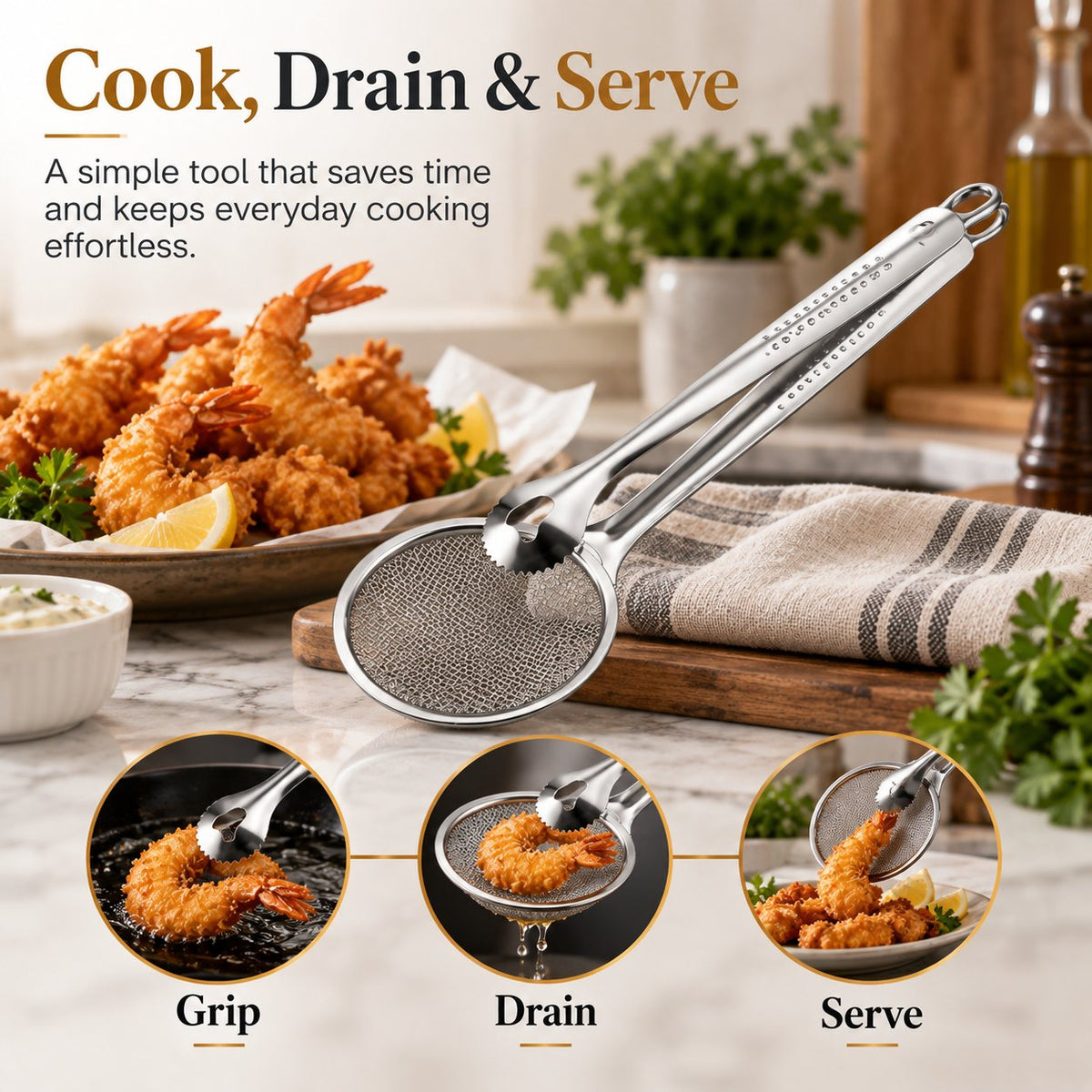 Clip con filtro 2 in 1 per frittura in olio, pinze da cucina con colino per cibi fritti 🍳