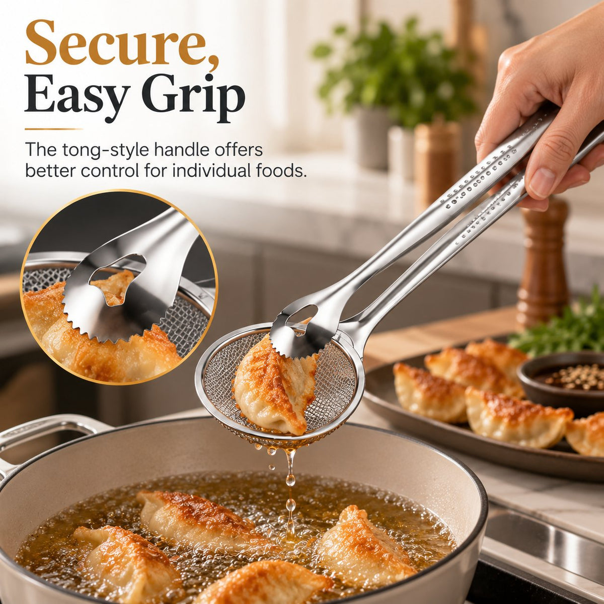 Clip con filtro 2 in 1 per frittura in olio, pinze da cucina con colino per cibi fritti 🍳