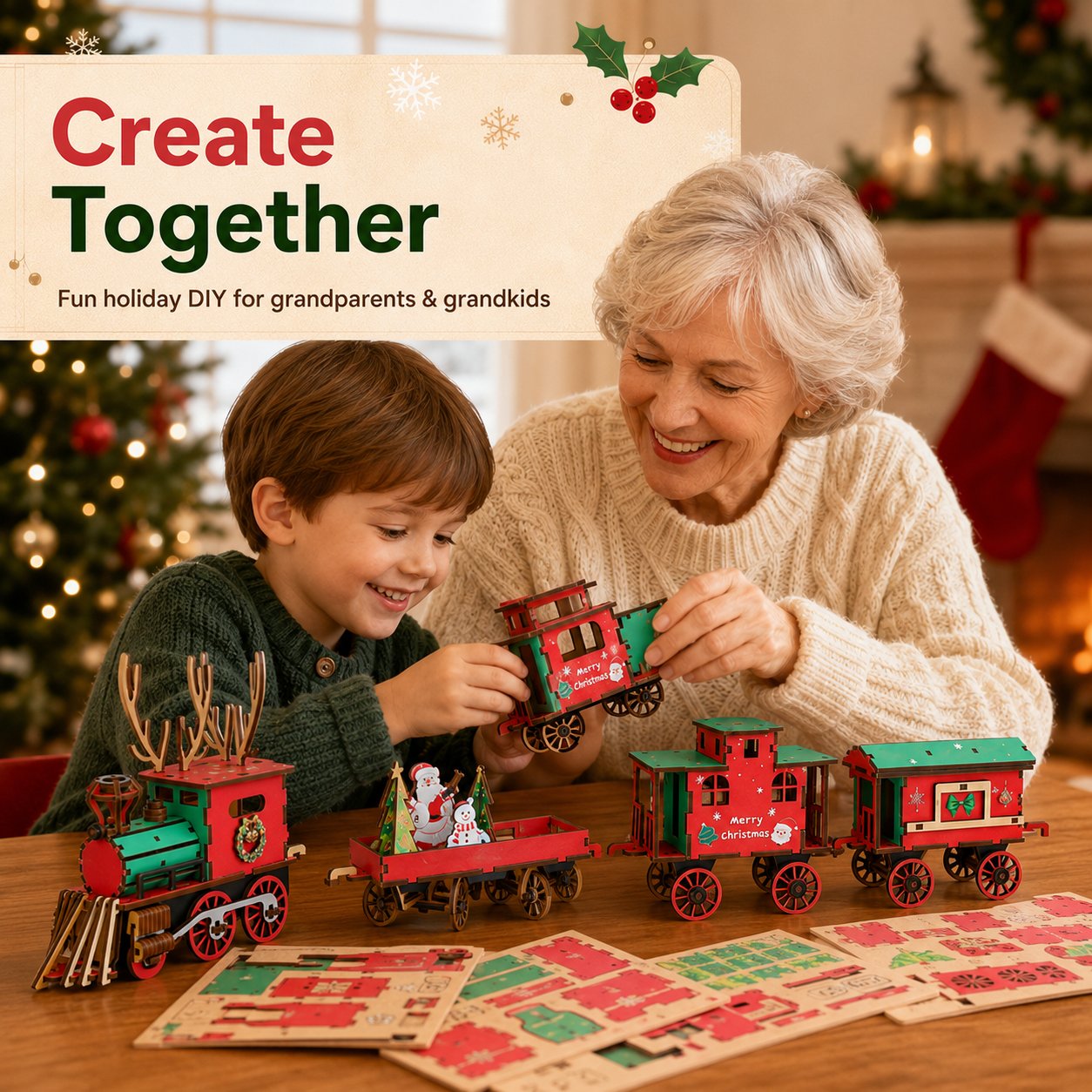 🎄ULTIMO GIORNO: SCONTO DEL 50% – Set di trenino natalizio fai da te in legno – Puzzle da assemblare in 3D