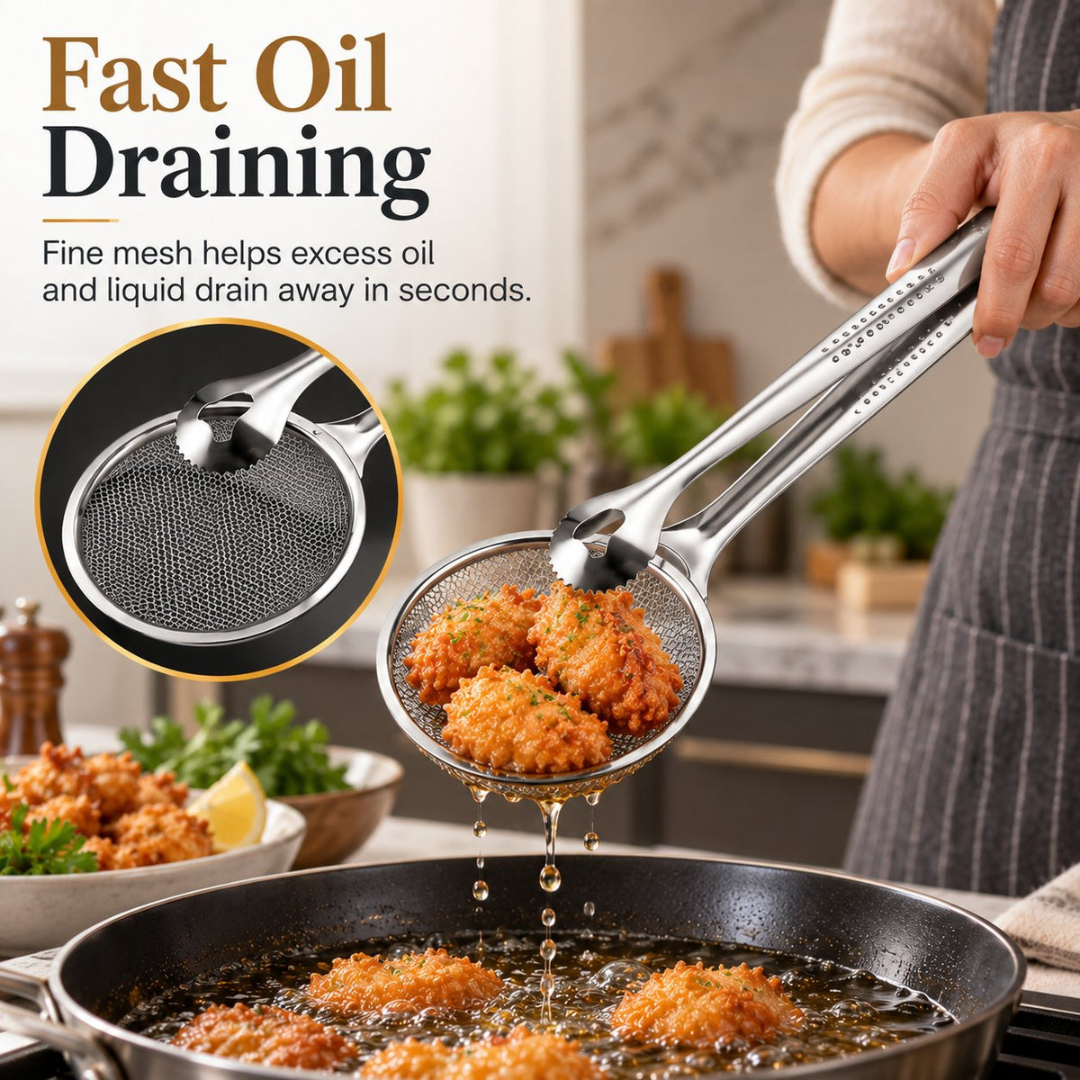 Clip con filtro 2 in 1 per frittura in olio, pinze da cucina con colino per cibi fritti 🍳