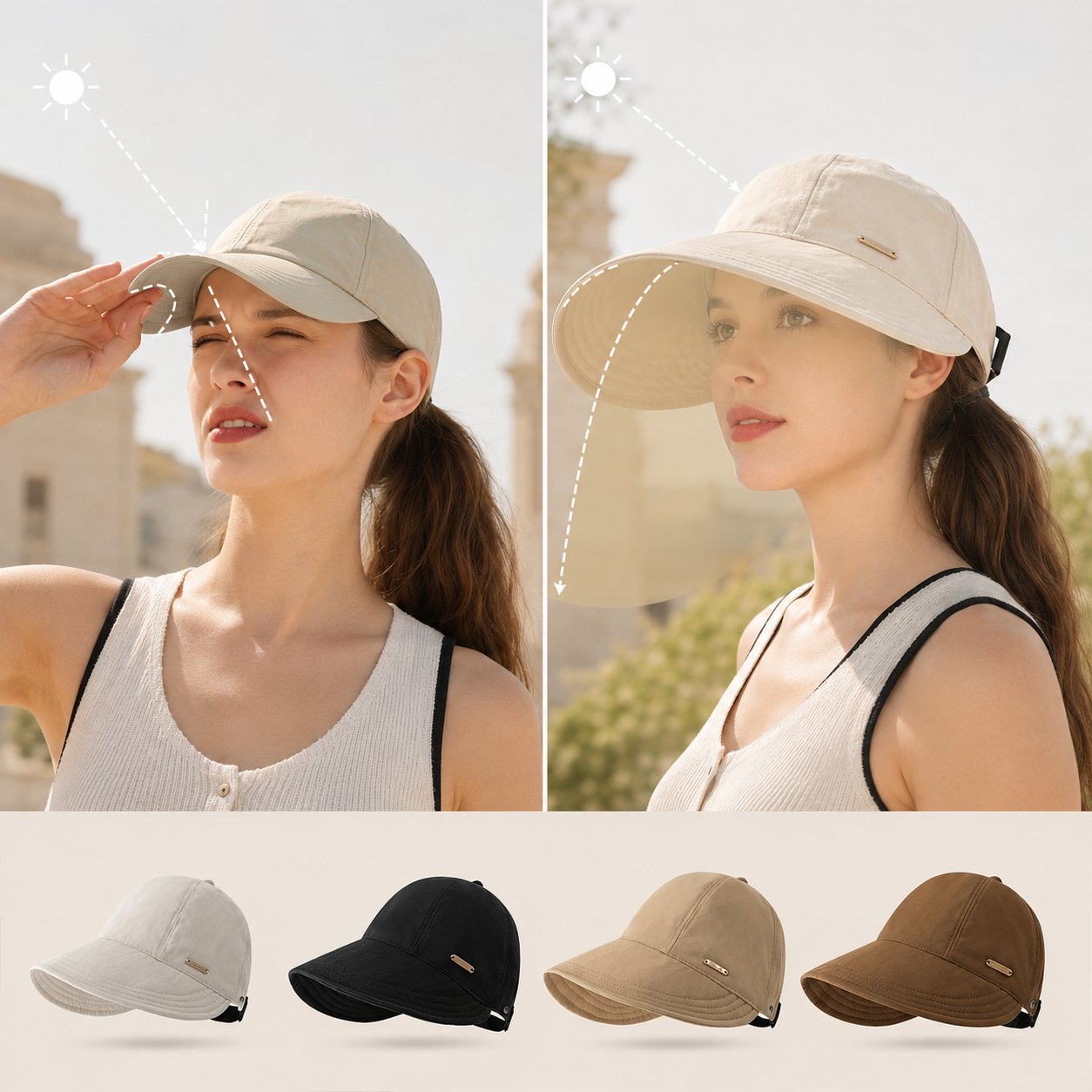 Rimani all'ombra e al fresco nelle giornate di sole - Cappello da sole a tesa larga, perfetto per chi porta la coda di cavallo