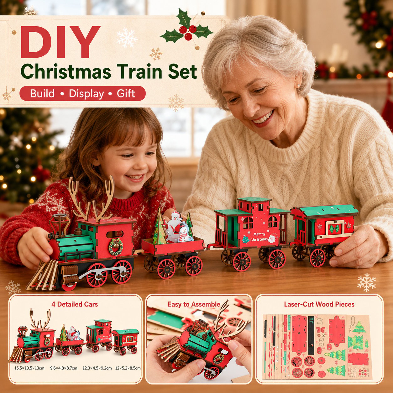 🎄ULTIMO GIORNO: SCONTO DEL 50% – Set di trenino natalizio fai da te in legno – Puzzle da assemblare in 3D