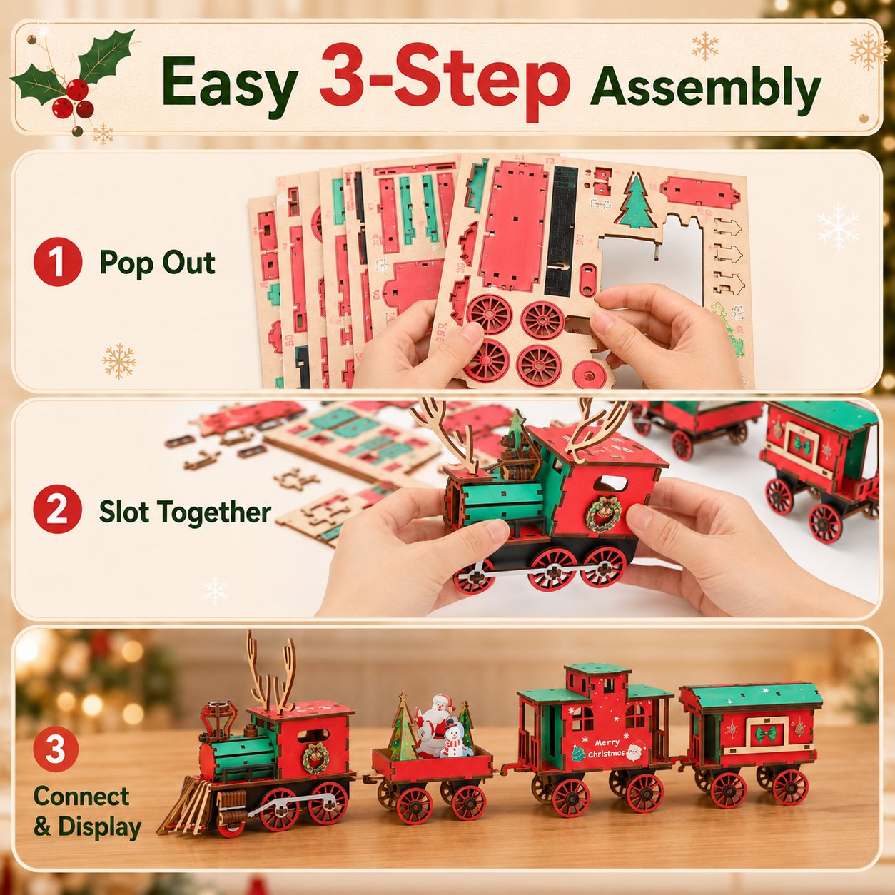 🎄ULTIMO GIORNO: SCONTO DEL 50% – Set di trenino natalizio fai da te in legno – Puzzle da assemblare in 3D